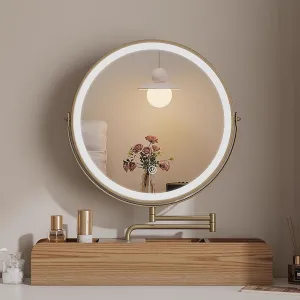 Solid Wood Smart Makeup Mirror, with 3 Color Lighting Dimmable, Desktop Rotating Light Up Mirror, Large Capacity Storage Box at The Bottom(Gold,40 * 40cm/15.7 * 15.7in)