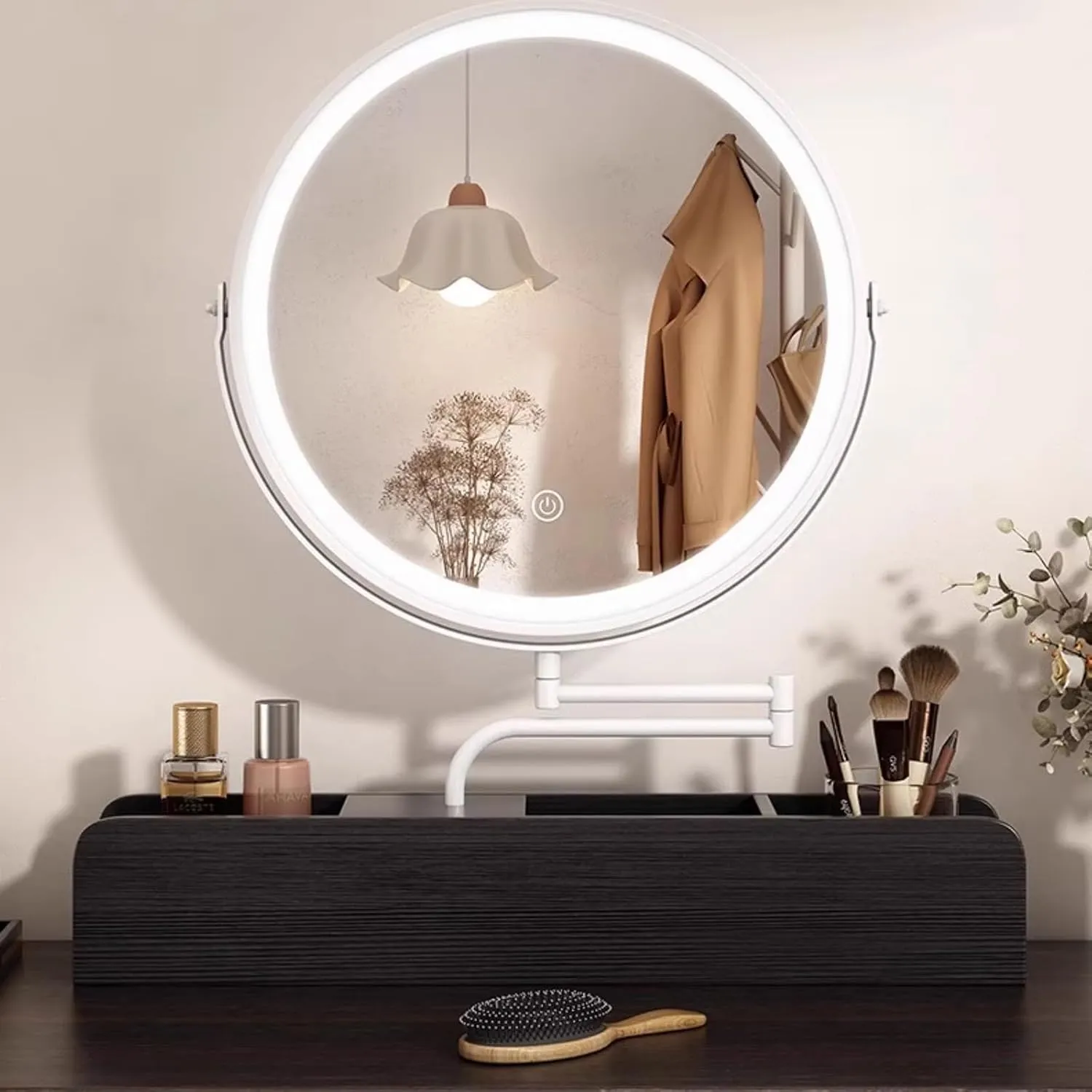 Solid Wood Smart Makeup Mirror, with 3 Color Lighting Dimmable, Desktop Rotating Light Up Mirror, Large Capacity Storage Box at The Bottom(White,35 * 35cm/13.7 * 13.7in)