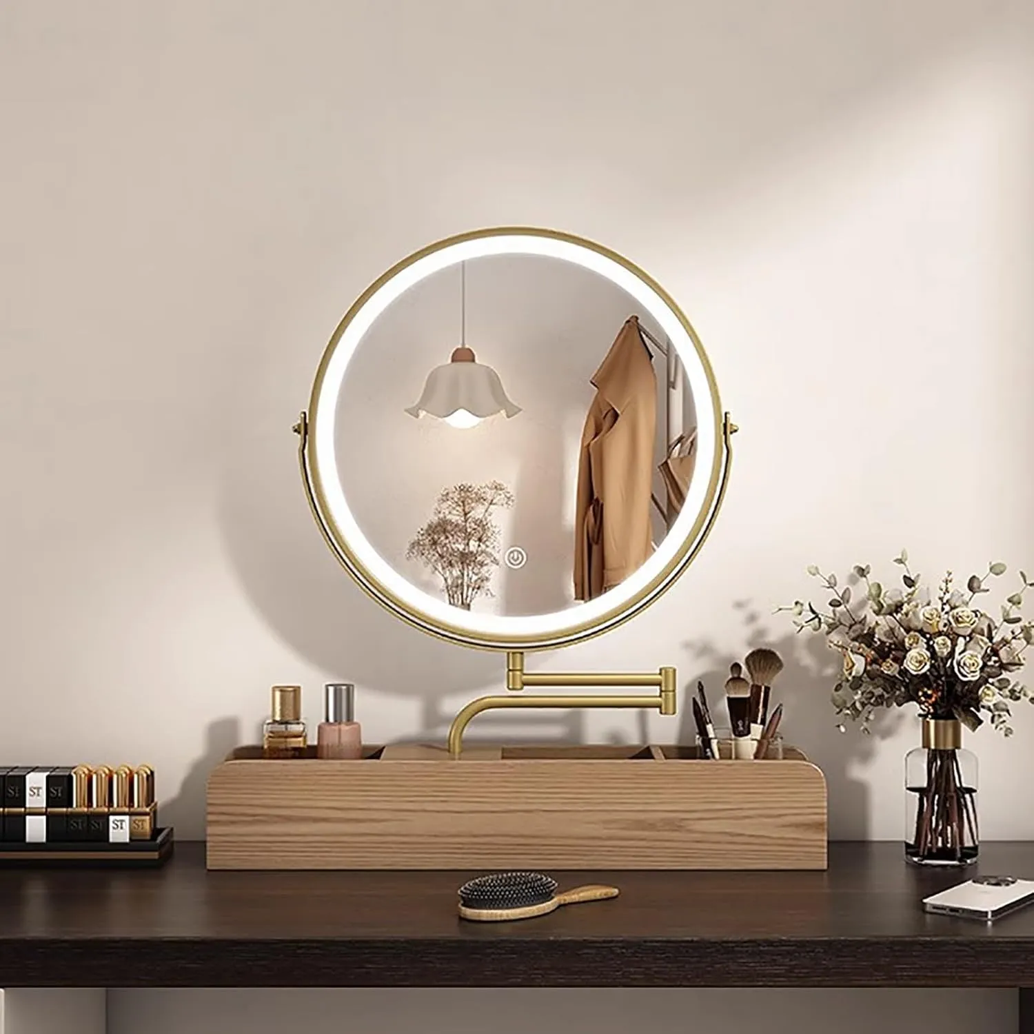 Solid Wood Smart Makeup Mirror, with 3 Color Lighting Dimmable, Desktop Rotating Light Up Mirror, Large Capacity Storage Box at The Bottom(White,35 * 35cm/13.7 * 13.7in)