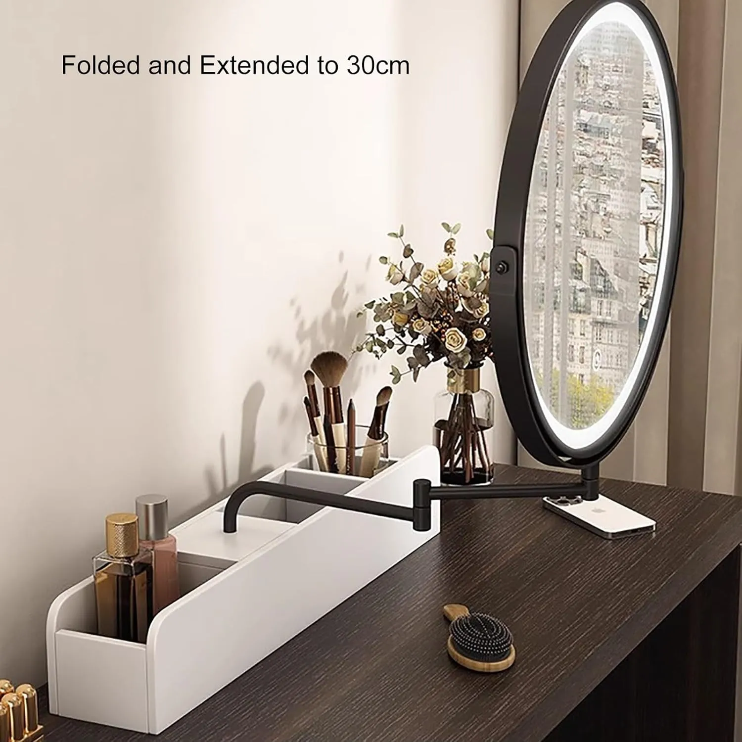 Solid Wood Smart Makeup Mirror, with 3 Color Lighting Dimmable, Desktop Rotating Light Up Mirror, Large Capacity Storage Box at The Bottom(White,35 * 35cm/13.7 * 13.7in)