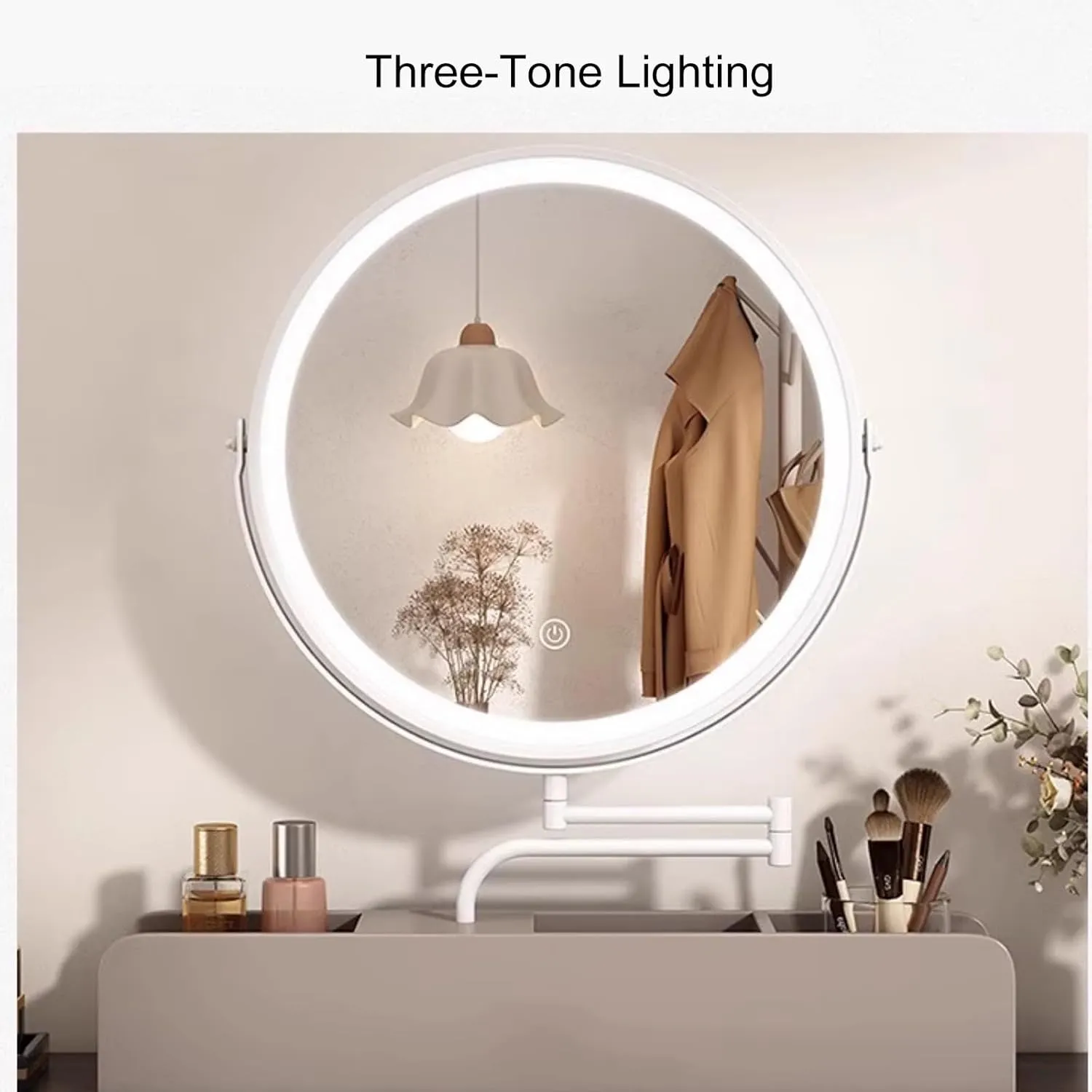 Solid Wood Smart Makeup Mirror, with 3 Color Lighting Dimmable, Desktop Rotating Light Up Mirror, Large Capacity Storage Box at The Bottom(White,35 * 35cm/13.7 * 13.7in)