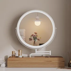 Solid Wood Smart Makeup Mirror, with 3 Color Lighting Dimmable, Desktop Rotating Light Up Mirror, Large Capacity Storage Box at The Bottom(White,35 * 35cm/13.7 * 13.7in)