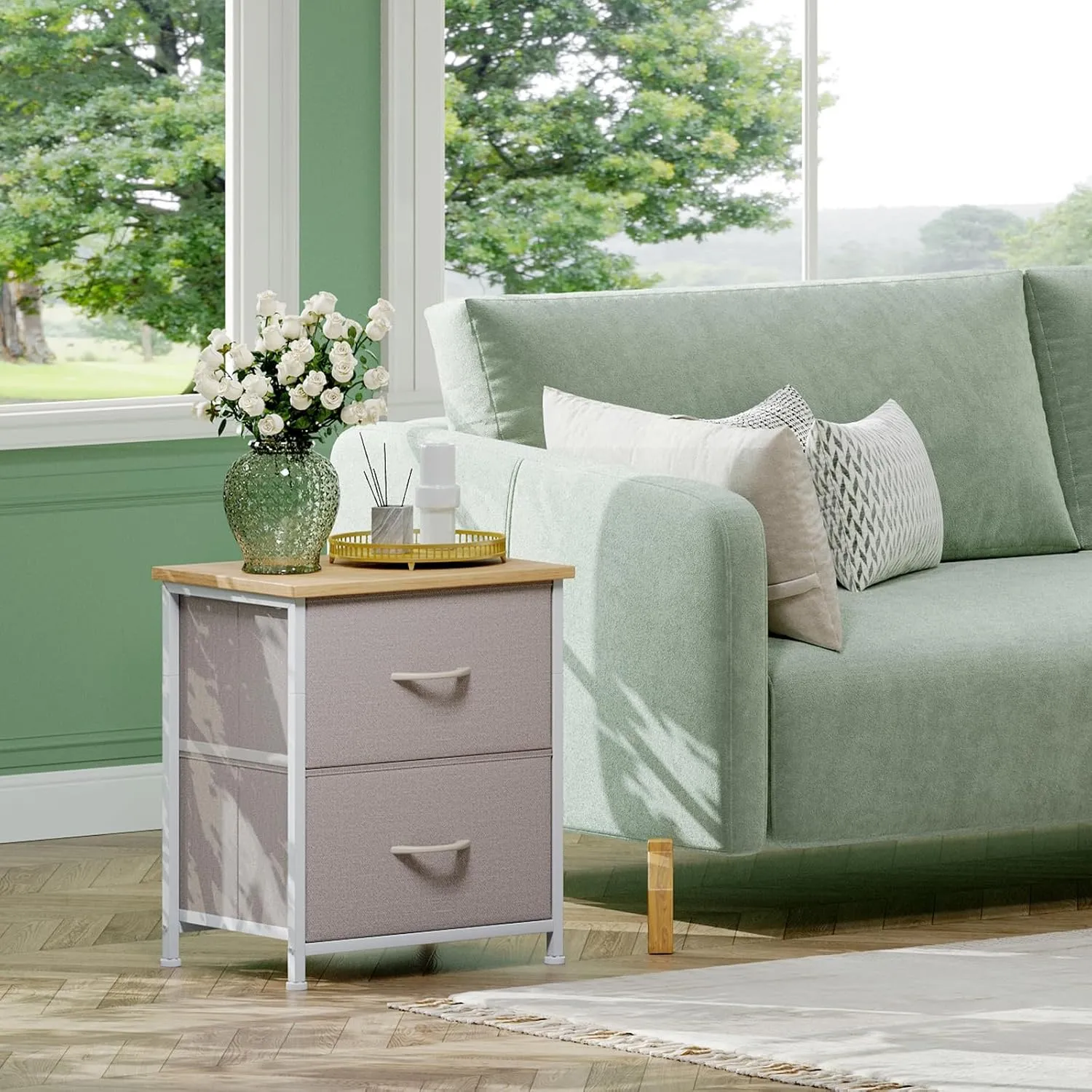 Somdot Nightstand with 2 Drawers, Bedside Table Small Dresser with Removable Fabric Bins for Bedroom Nursery Closet Living Room - Sturdy Steel Frame, Wood Top, Pull Handle - Ash Grey