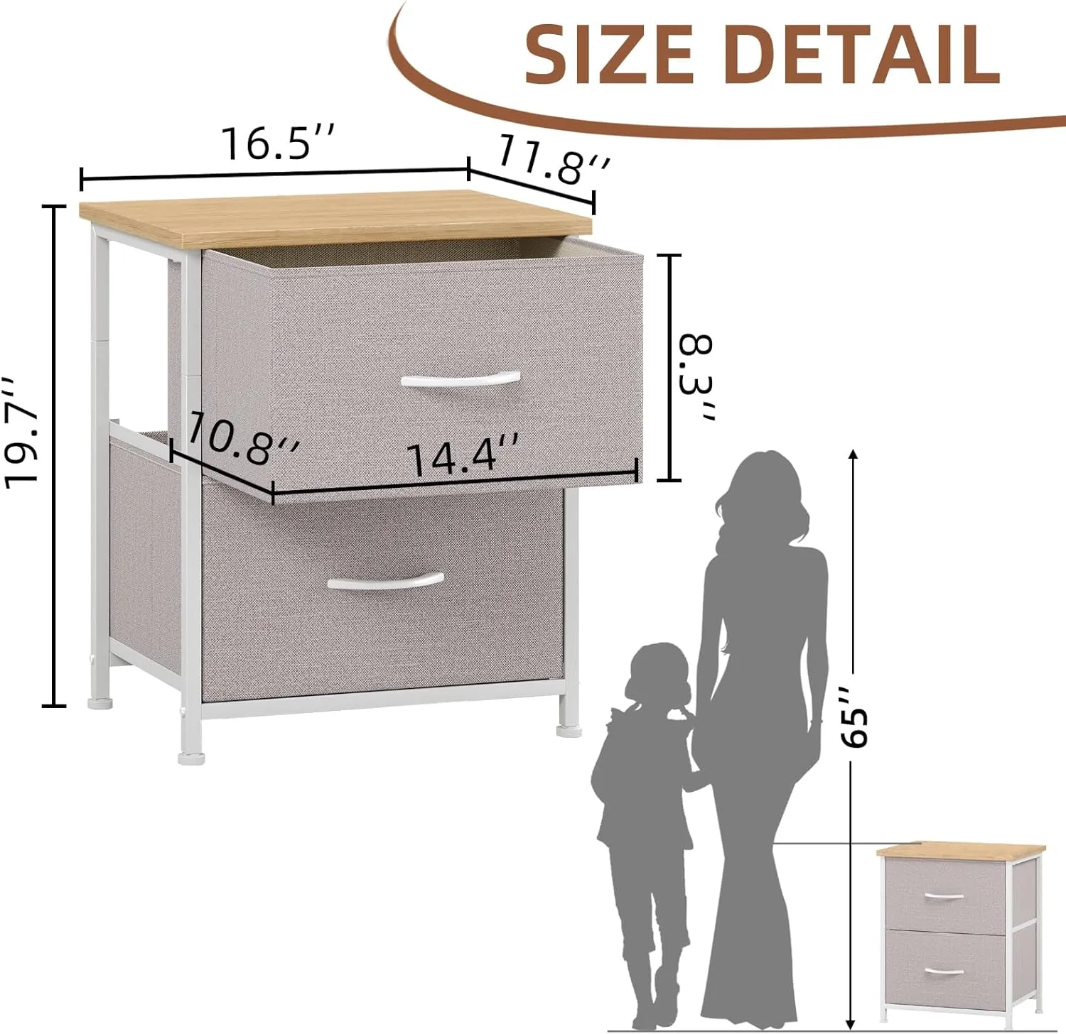 Somdot Nightstand with 2 Drawers, Bedside Table Small Dresser with Removable Fabric Bins for Bedroom Nursery Closet Living Room - Sturdy Steel Frame, Wood Top, Pull Handle - Ash Grey