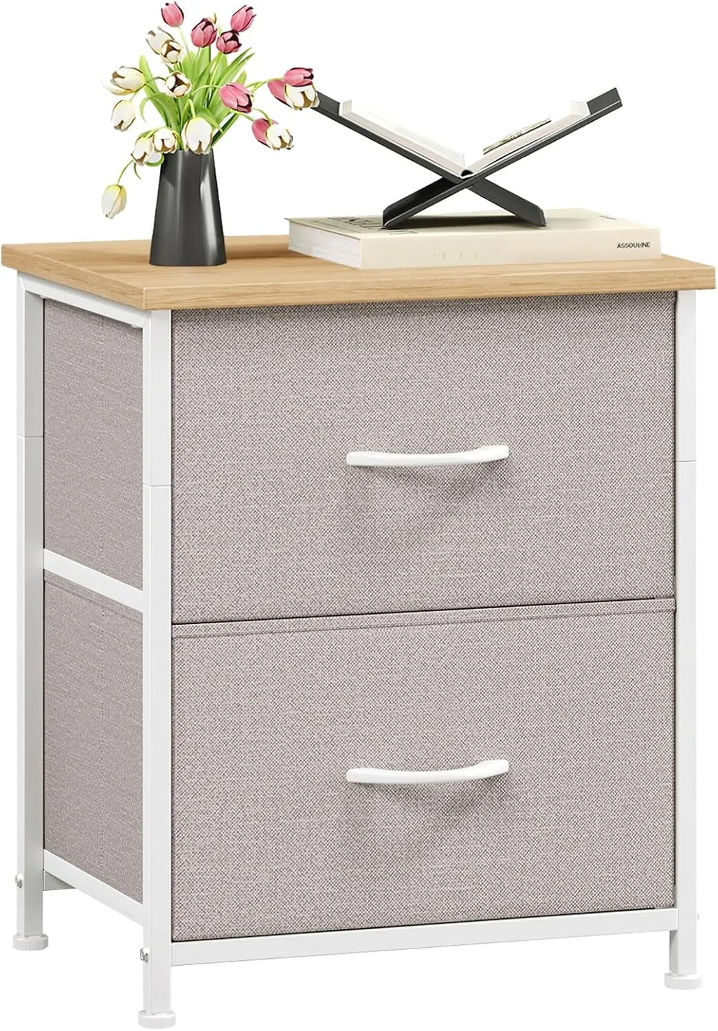 Somdot Nightstand with 2 Drawers, Bedside Table Small Dresser with Removable Fabric Bins for Bedroom Nursery Closet Living Room - Sturdy Steel Frame, Wood Top, Pull Handle - Ash Grey