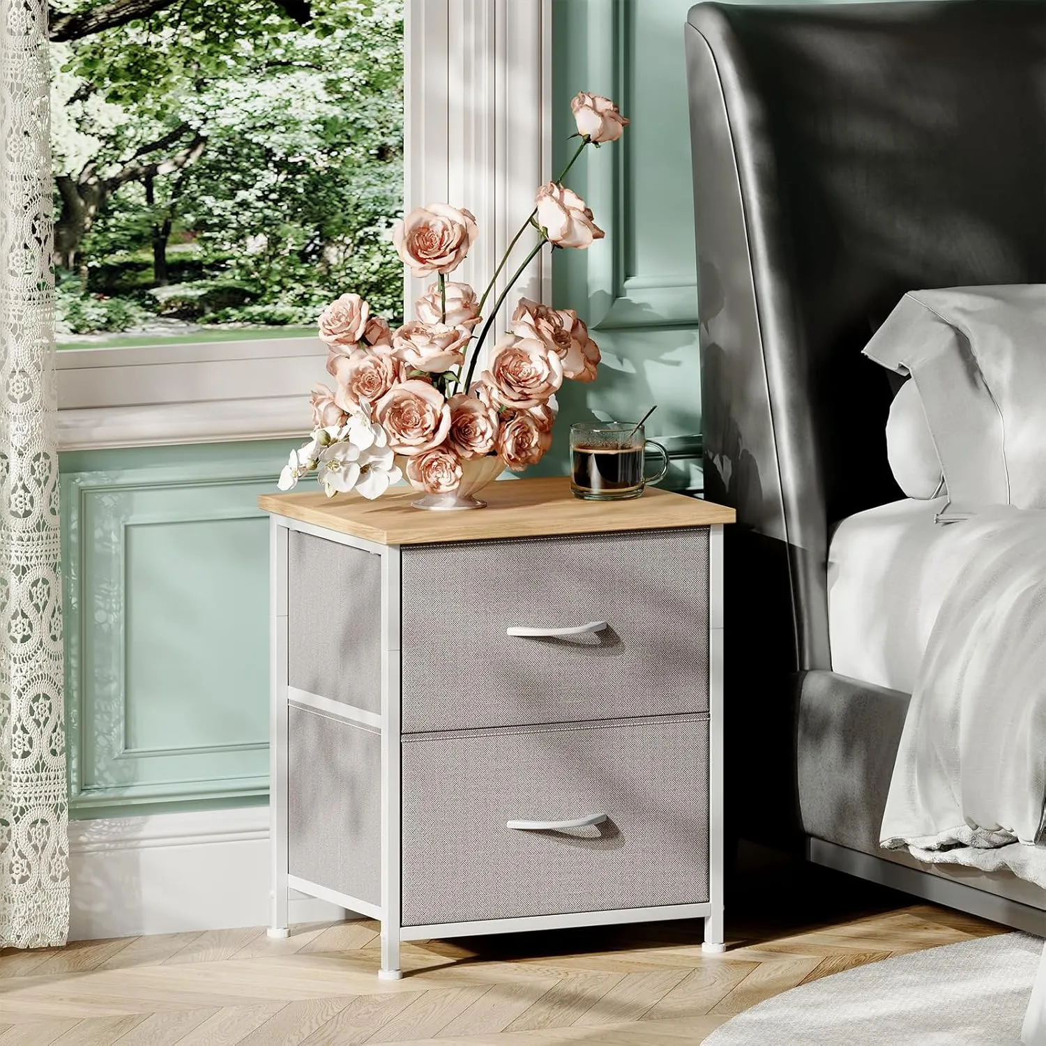 Somdot Nightstand with 2 Drawers, Bedside Table Small Dresser with Removable Fabric Bins for Bedroom Nursery Closet Living Room - Sturdy Steel Frame, Wood Top, Pull Handle - Ash Grey