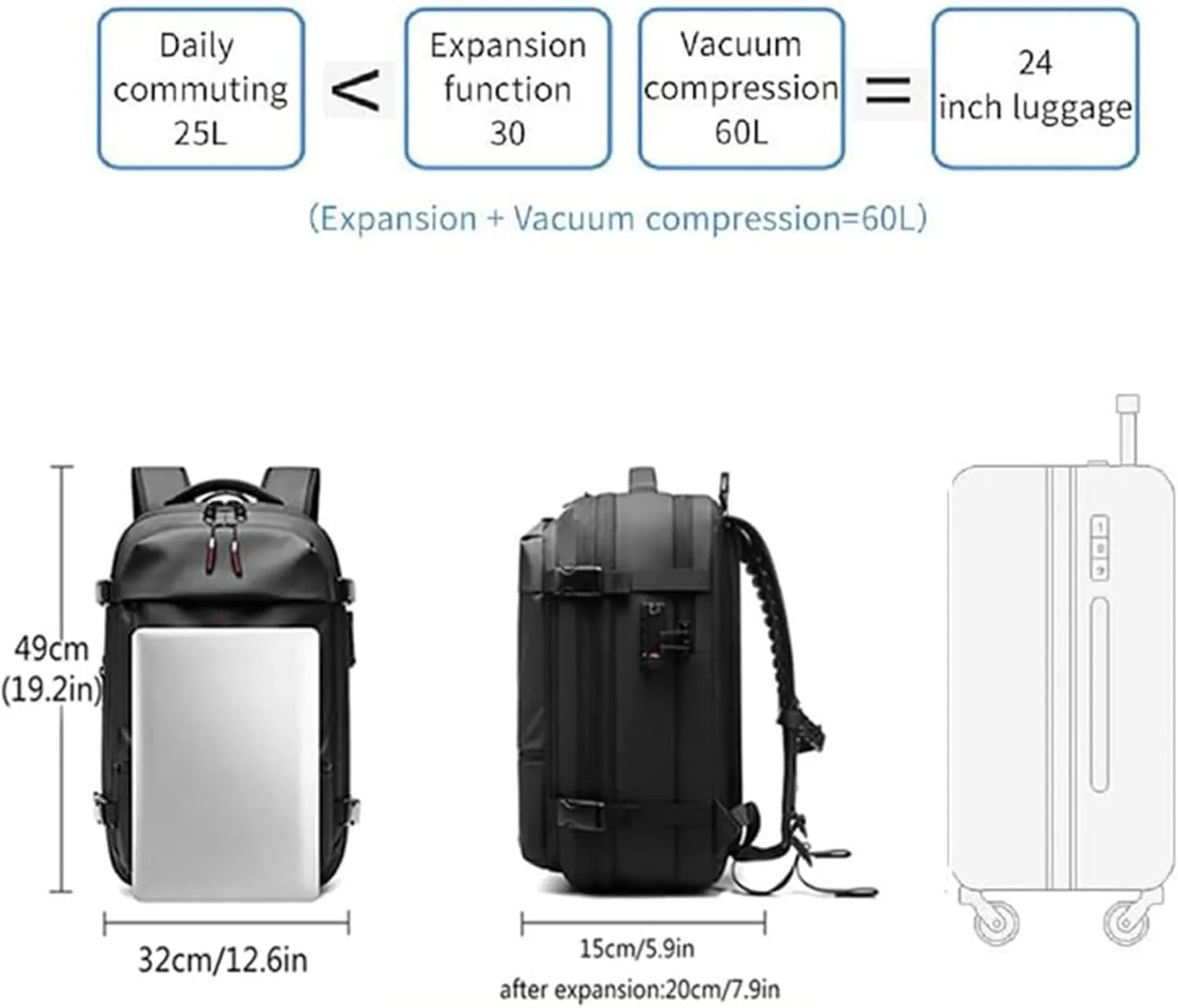 Spacevac Pro Backpack, Ezyvac Vacuum Backpack, 60l Expandable Vacpack Travel Commercial With Pump (2.0-Black, with Air Pump)