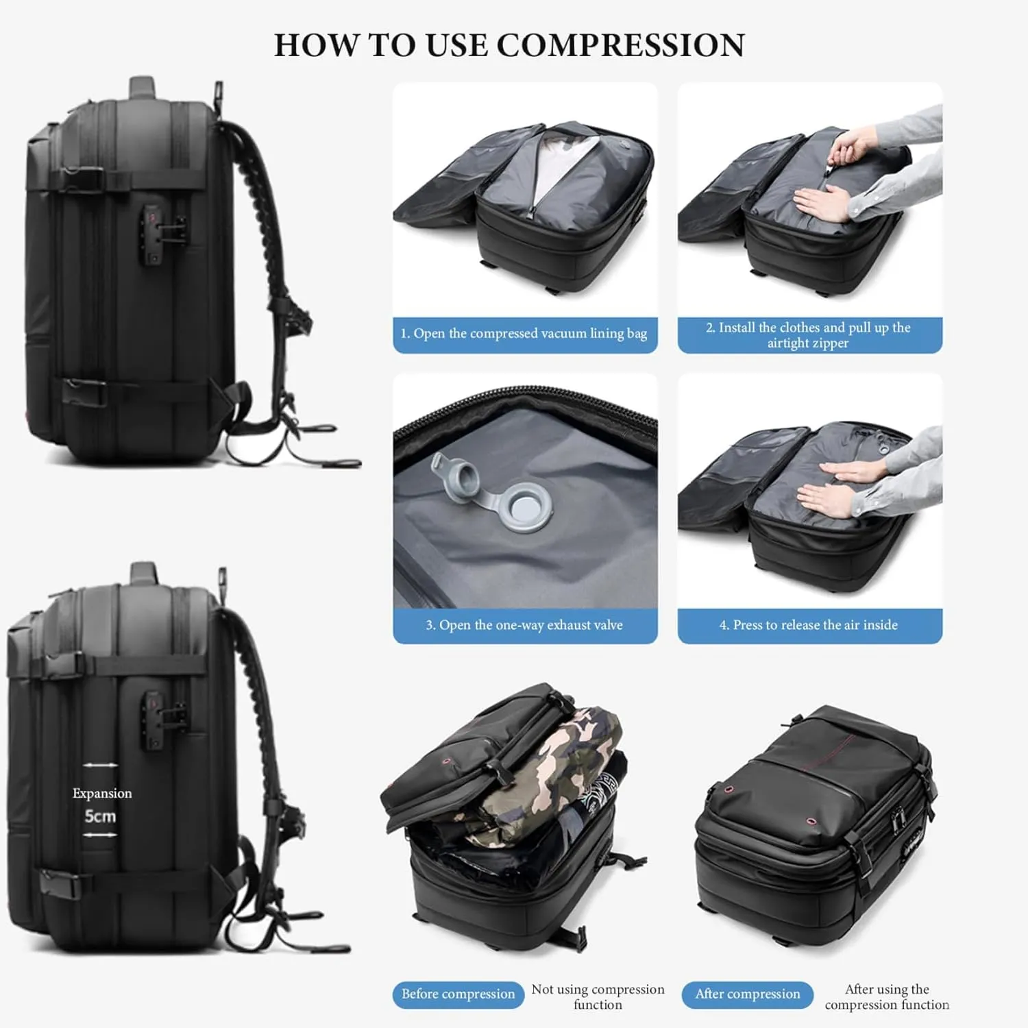 Spacevac Pro Backpack, Ezyvac Vacuum Backpack, 60l Expandable Vacpack Travel Commercial With Pump (2.0-Grey, with Air Pump)