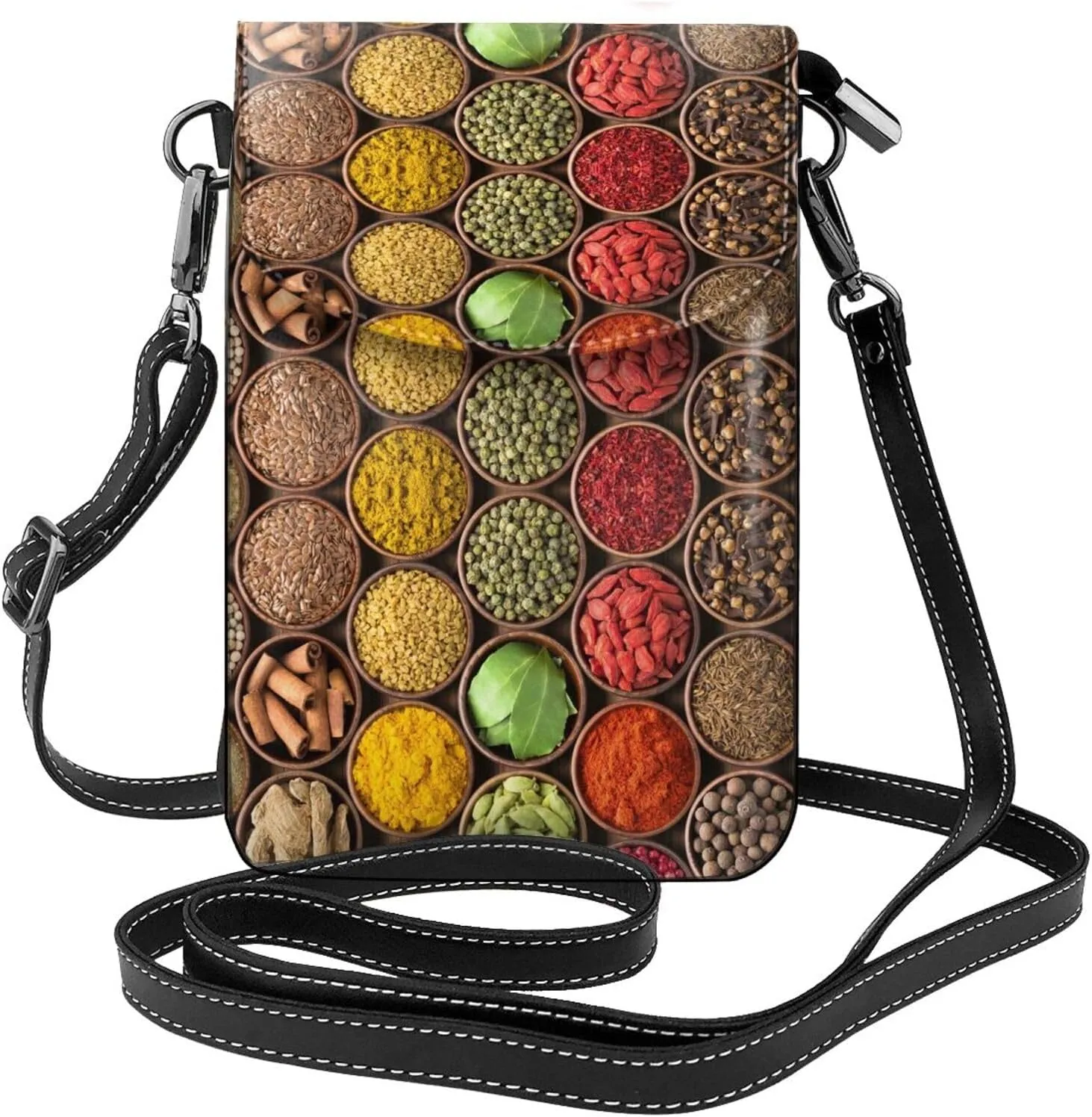 Spices And Herbs Print Small Crossbody Bags for Women Leather Cell Phone Purses Mini Leather Shoulder Handbag Adjustable Strap