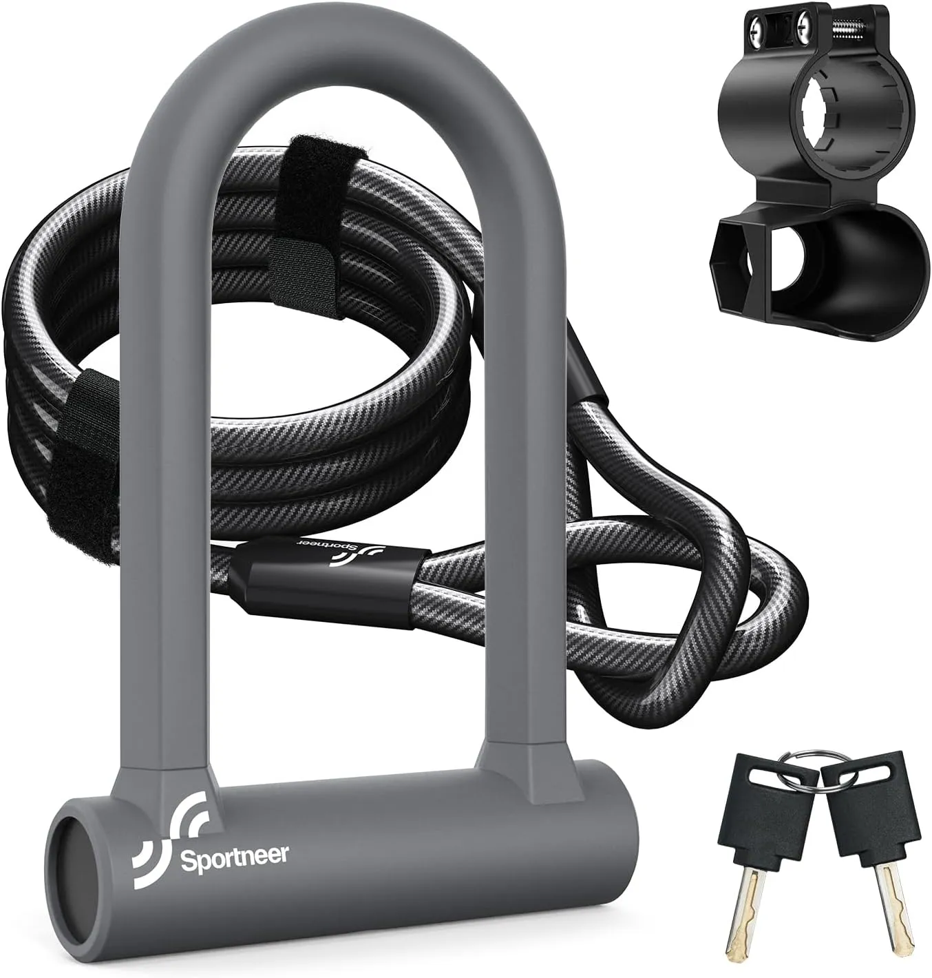 Sportneer Bike Lock - Heavy Duty Anti Theft Bike U Lock with 5ft Security Steel Cable - 17mm Shackle Bicycle U-Locks with Keys & Sturdy Mounting Bracket for Road, Mountain, Electric Bike, Grey