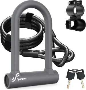 Sportneer Bike Lock - Heavy Duty Anti Theft Bike U Lock with 5ft Security Steel Cable - 17mm Shackle Bicycle U-Locks with Keys & Sturdy Mounting Bracket for Road, Mountain, Electric Bike, Grey