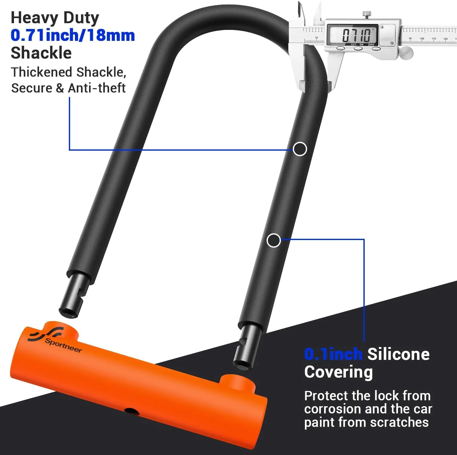 Sportneer Bike U Lock - 18mm Shackle Heavy Duty Anti Theft Bike Locks with 3 Keys - Bicycle U-Locks with Sturdy Mounting Bracket for Road, Mountain, Electric & Folding Bike, Size 11.5''x6.25''