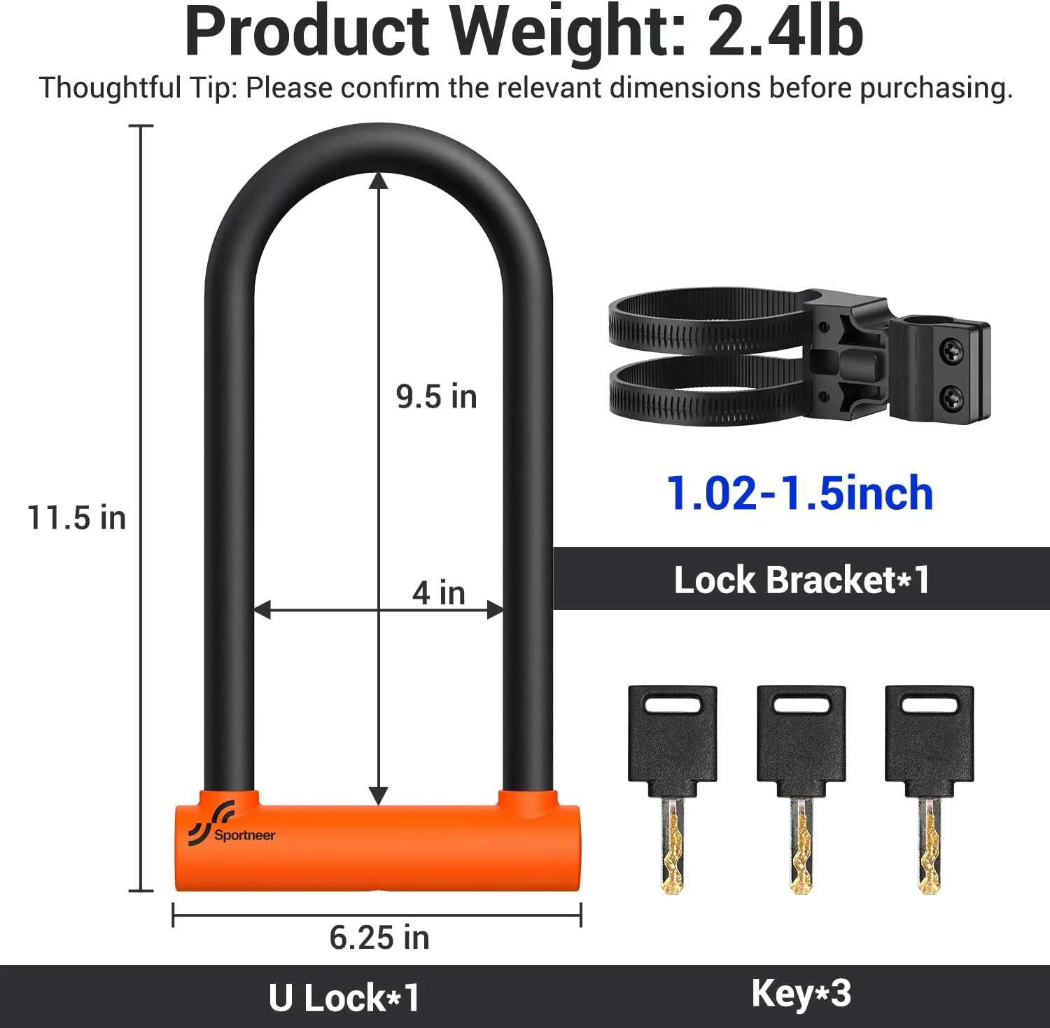 Sportneer Bike U Lock - 18mm Shackle Heavy Duty Anti Theft Bike Locks with 3 Keys - Bicycle U-Locks with Sturdy Mounting Bracket for Road, Mountain, Electric & Folding Bike, Size 11.5''x6.25''