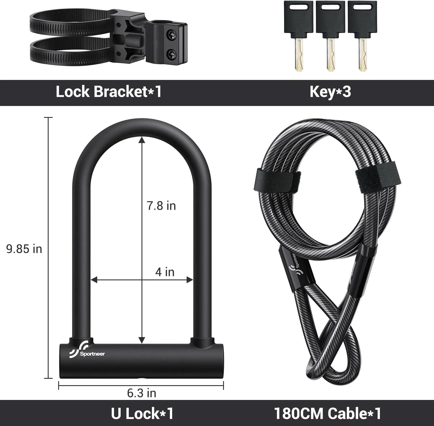 Sportneer Bike U Lock - 18mm Shackle Heavy Duty Bike Lock with 6ft Security Cable - Bicycle U-Locks with Sturdy Mounting Bracket for Road, Mountain, Electric and Folding Bike, Size 9.85''x6.3''