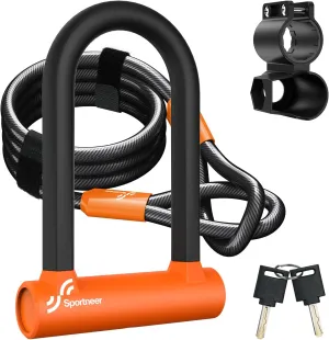 Sportneer Bike U Lock - Heavy Duty Anti Theft Bike Lock with 5ft Security Steel Cable - 17mm Shackle Bicycle U-Locks with Keys & Sturdy Mounting Bracket for Road, Mountain, Electric Bike - Orange