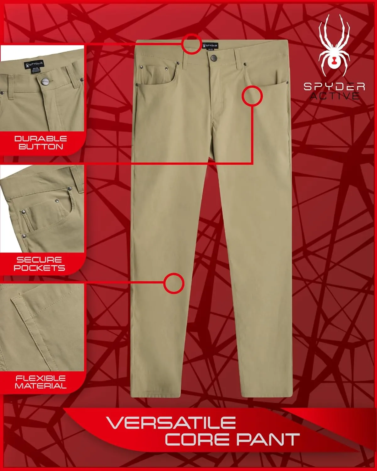 Spyder Mens Golf Pants - Lightweight Stretch Nylon Quick Dry Work Dress Pants for Men with UPF 30  and Pockets (Sizes: 30-38)