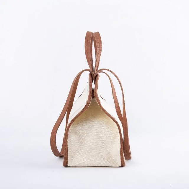 Square Tote Bag | Top Handle Bag | Crossbody Bag in Canvas & Leather _ Brown & White