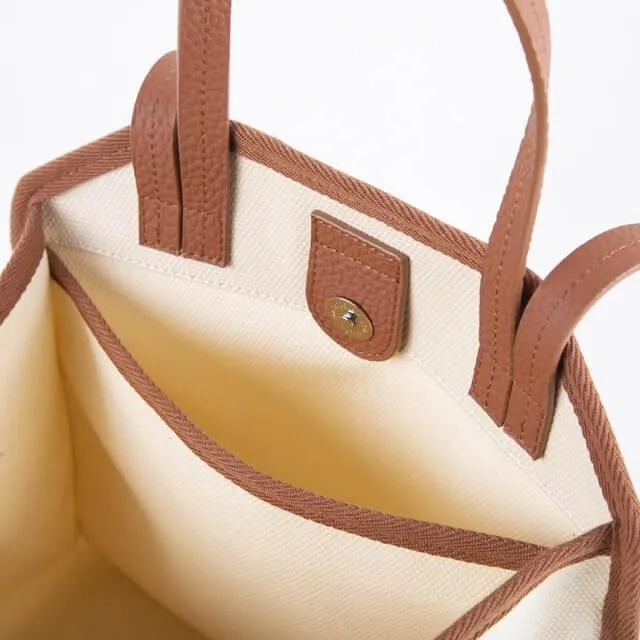 Square Tote Bag | Top Handle Bag | Crossbody Bag in Canvas & Leather _ Brown & White