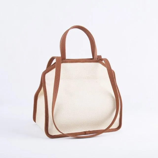 Square Tote Bag | Top Handle Bag | Crossbody Bag in Canvas & Leather _ Brown & White