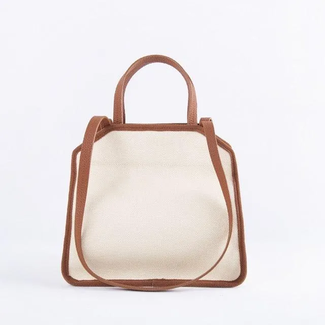 Square Tote Bag | Top Handle Bag | Crossbody Bag in Canvas & Leather _ Brown & White