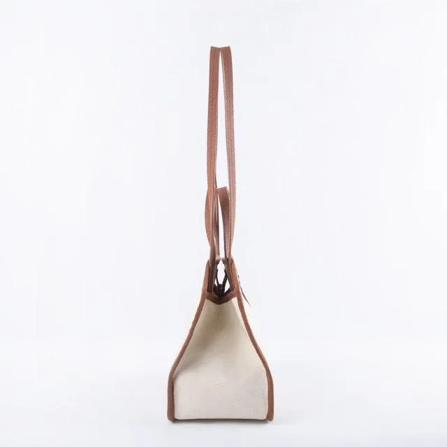 Square Tote Bag | Top Handle Bag | Crossbody Bag in Canvas & Leather _ Brown & White
