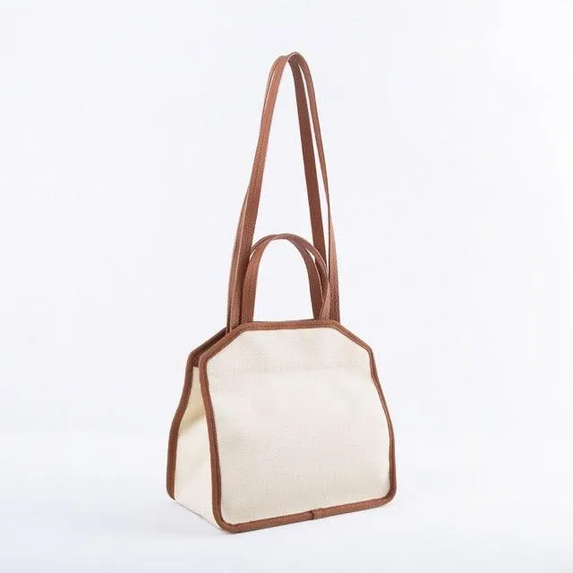 Square Tote Bag | Top Handle Bag | Crossbody Bag in Canvas & Leather _ Brown & White