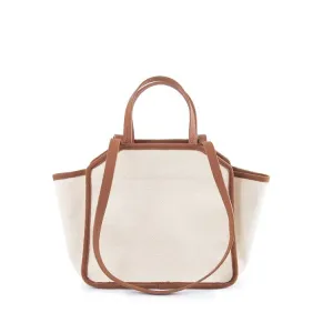 Square Tote Bag | Top Handle Bag | Crossbody Bag in Canvas & Leather _ Brown & White
