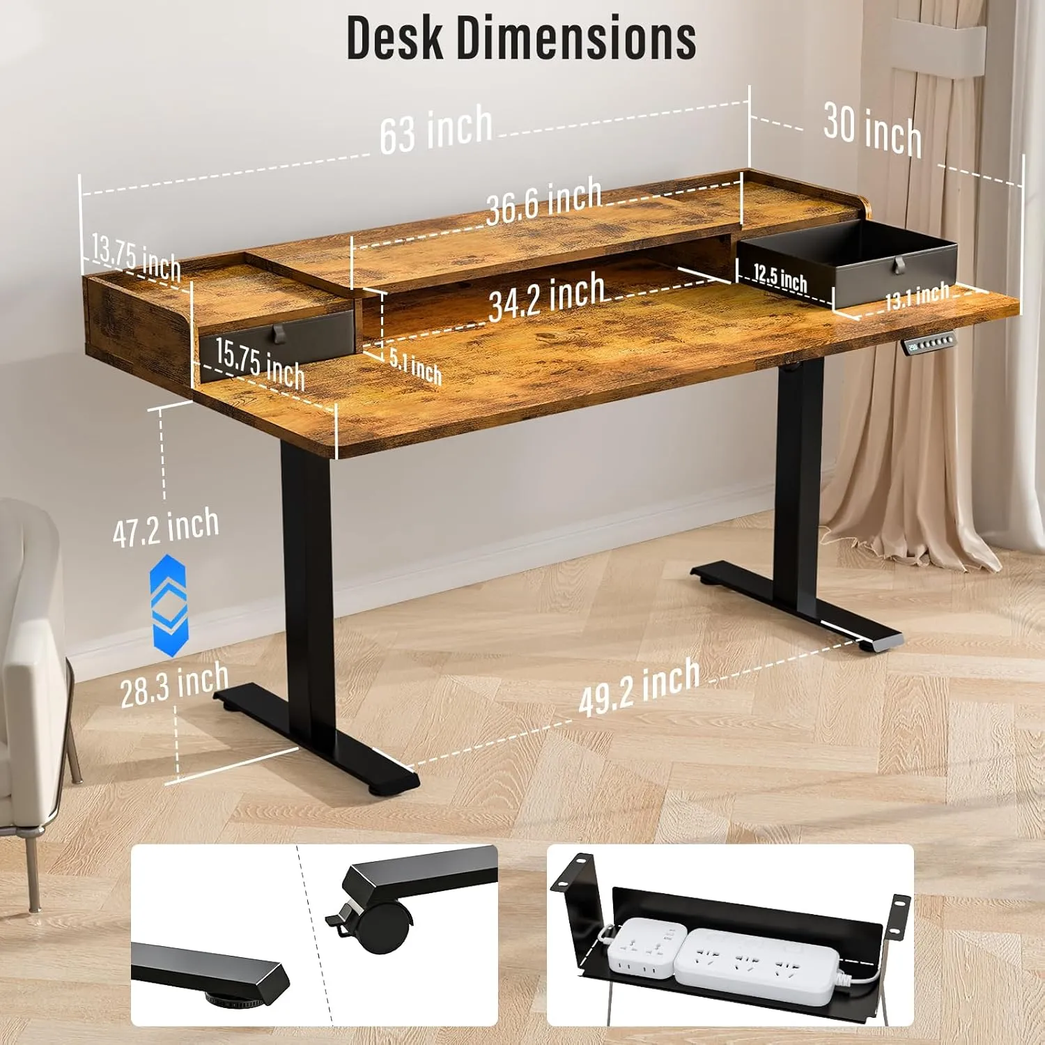 Standing Desk with Drawers and Wheels,Thickened Table Legs Sit Stand Desk Electric for Home Office & Gaming,Ergonomic Stand Up Desk,3 Memory Height Preset (Rustic Brown, 63x30 in)