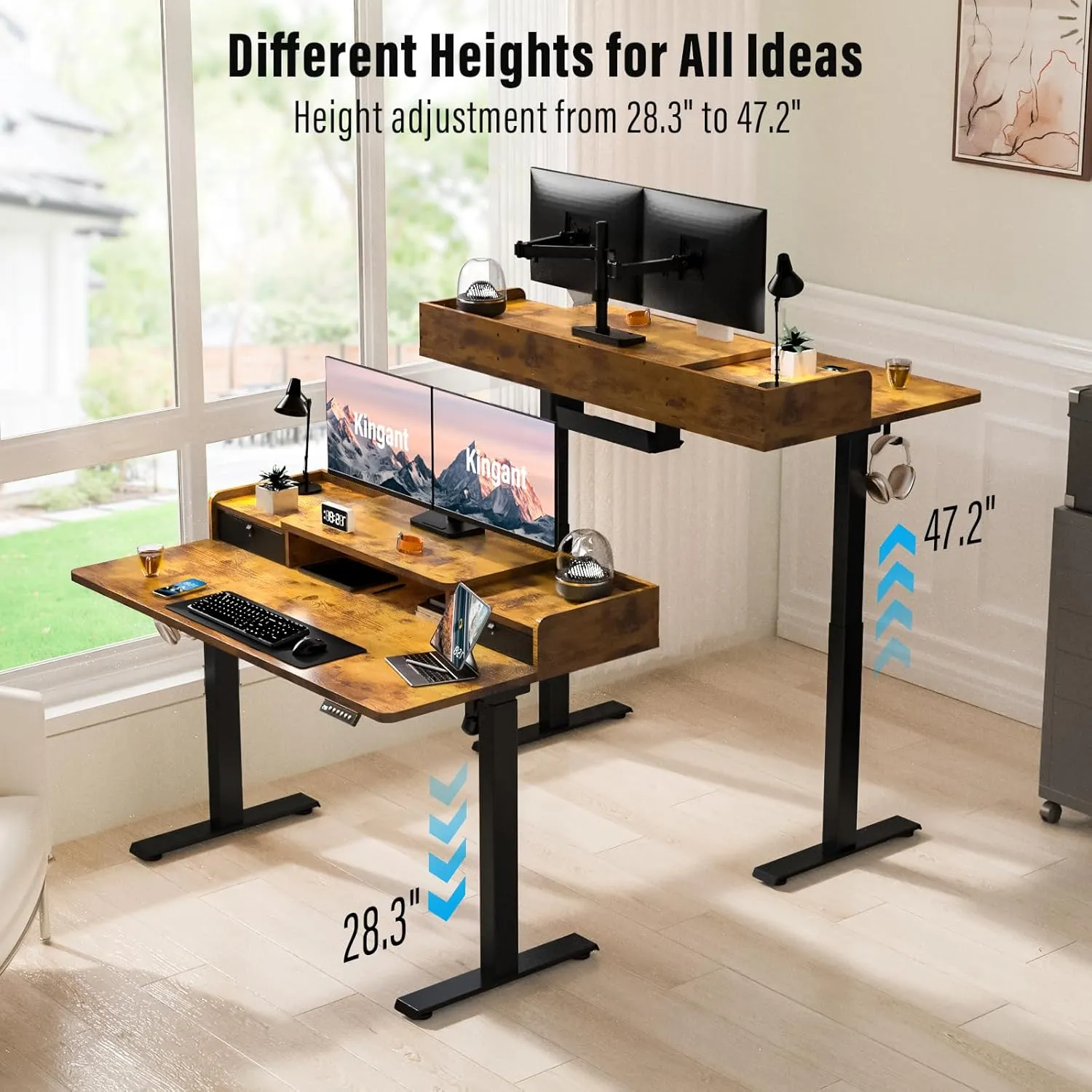Standing Desk with Drawers and Wheels,Thickened Table Legs Sit Stand Desk Electric for Home Office & Gaming,Ergonomic Stand Up Desk,3 Memory Height Preset (Rustic Brown, 63x30 in)