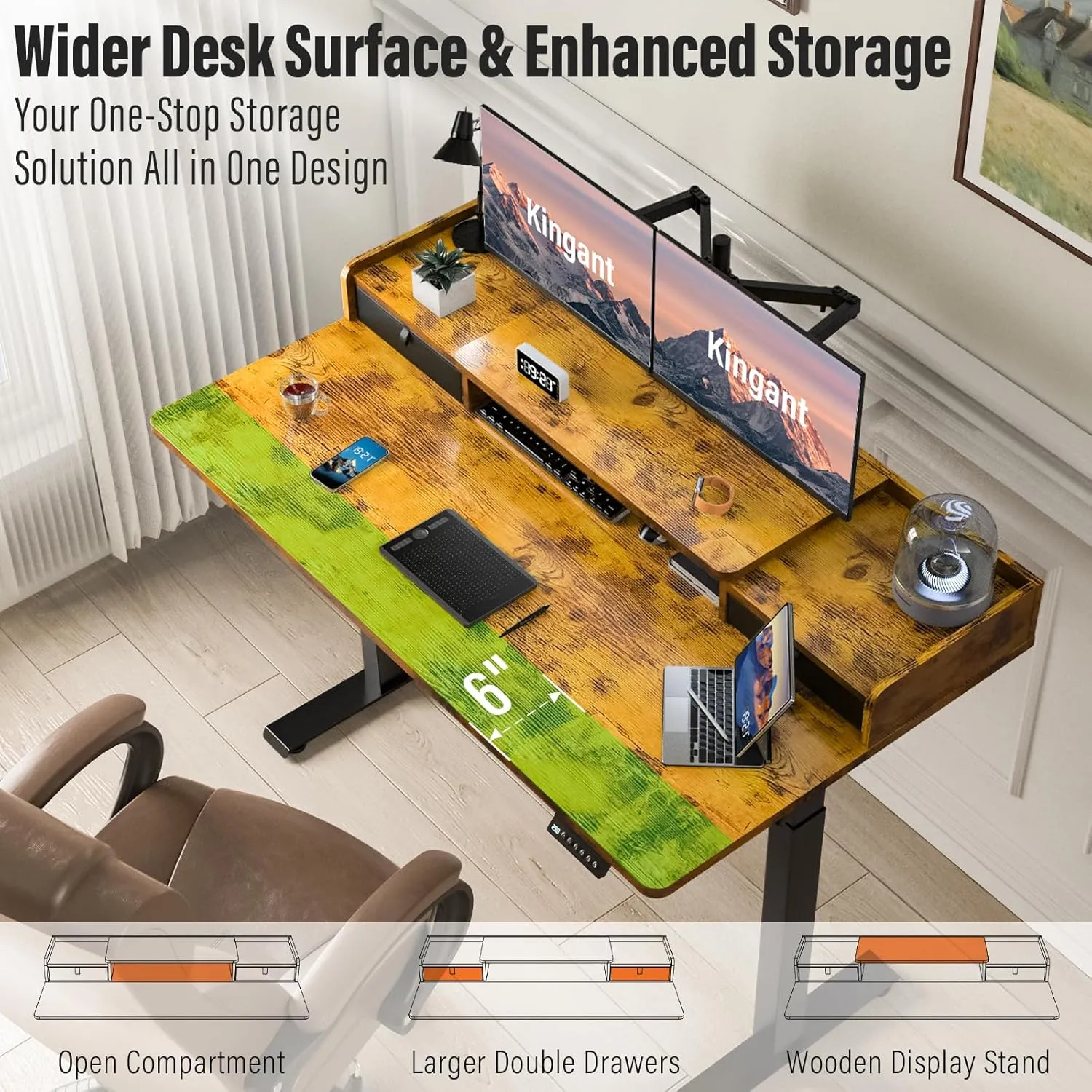 Standing Desk with Drawers and Wheels,Thickened Table Legs Sit Stand Desk Electric for Home Office & Gaming,Ergonomic Stand Up Desk,3 Memory Height Preset (Rustic Brown, 63x30 in)