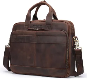 STAR VISTA Siro 15.6" Slim Laptop Messenger Bag, Full Grain Leather Briefcase, YKK Zippers, Brass Hardware