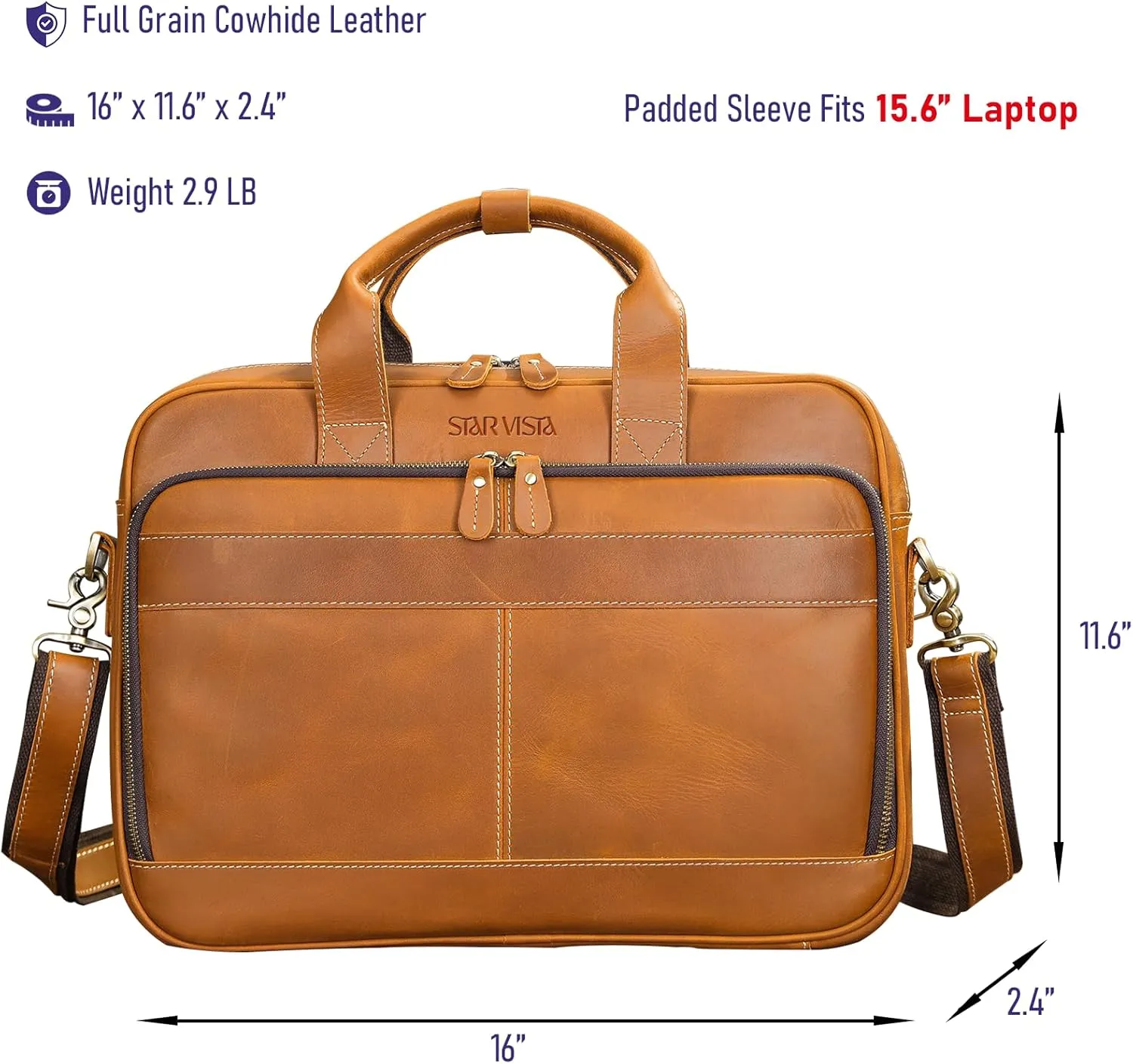 STAR VISTA Siro 15.6" Slim Laptop Messenger Bag, Full Grain Leather Briefcase, YKK Zippers, Brass Hardware