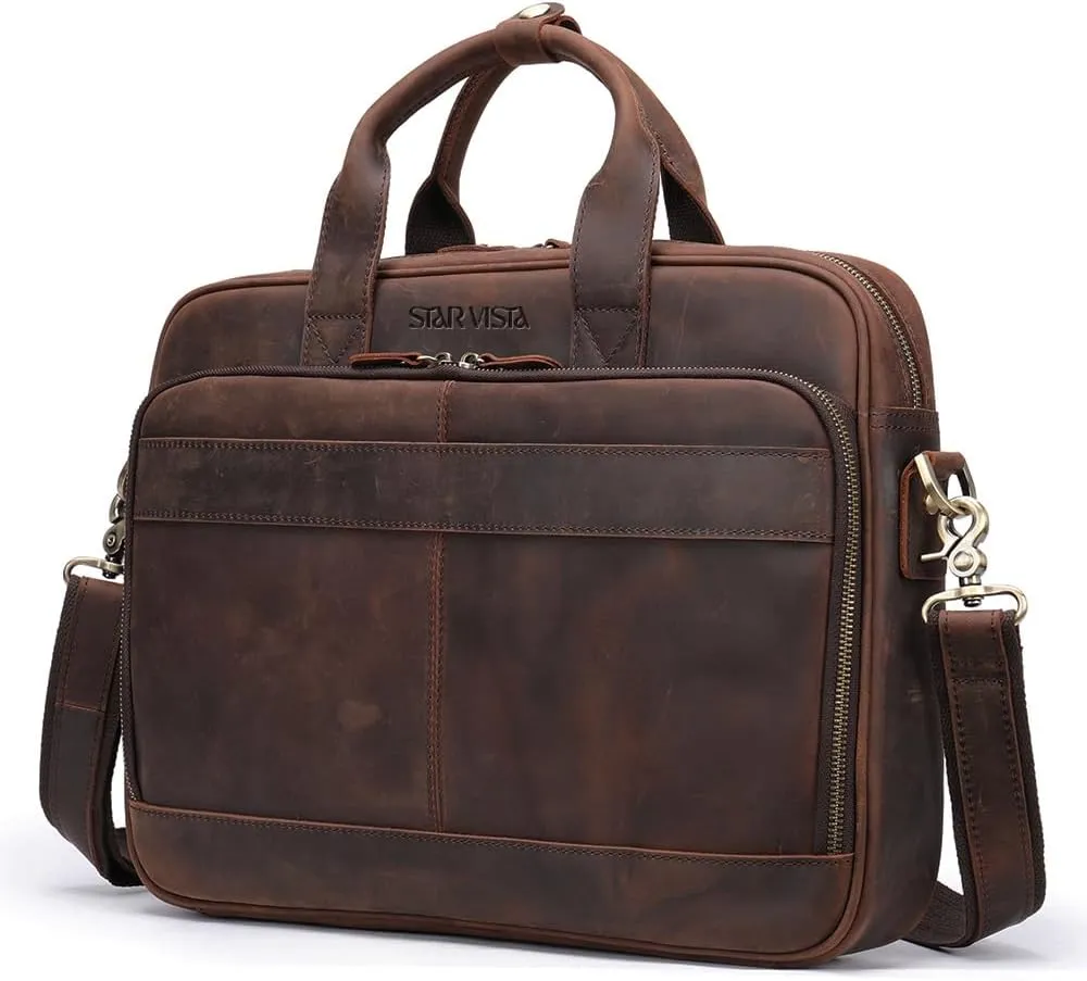 STAR VISTA Siro 15.6" Slim Laptop Messenger Bag, Full Grain Leather Briefcase, YKK Zippers, Brass Hardware
