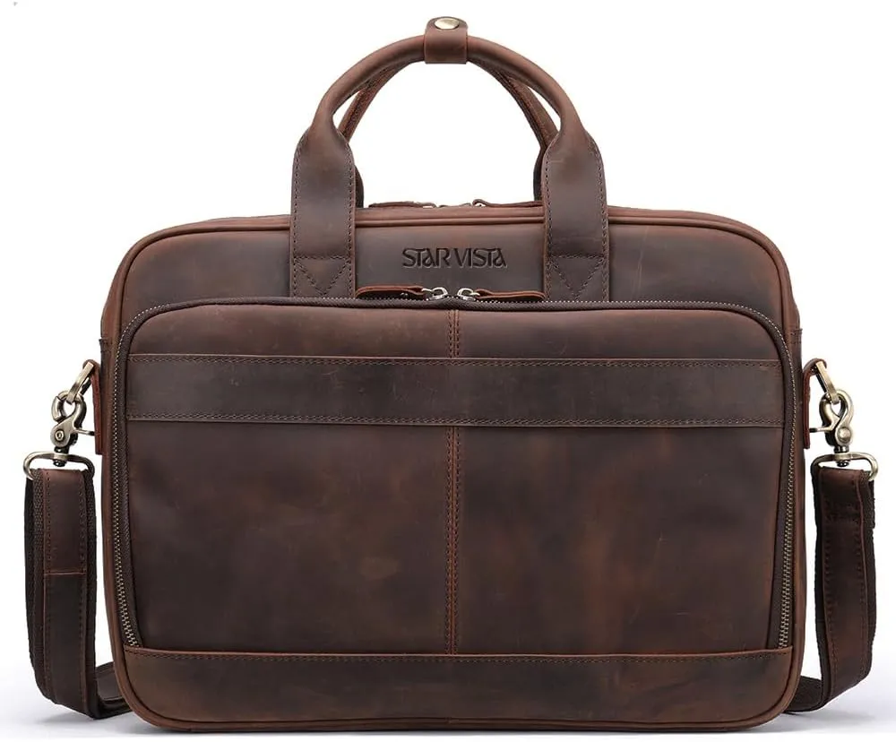 STAR VISTA Siro 15.6" Slim Laptop Messenger Bag, Full Grain Leather Briefcase, YKK Zippers, Brass Hardware