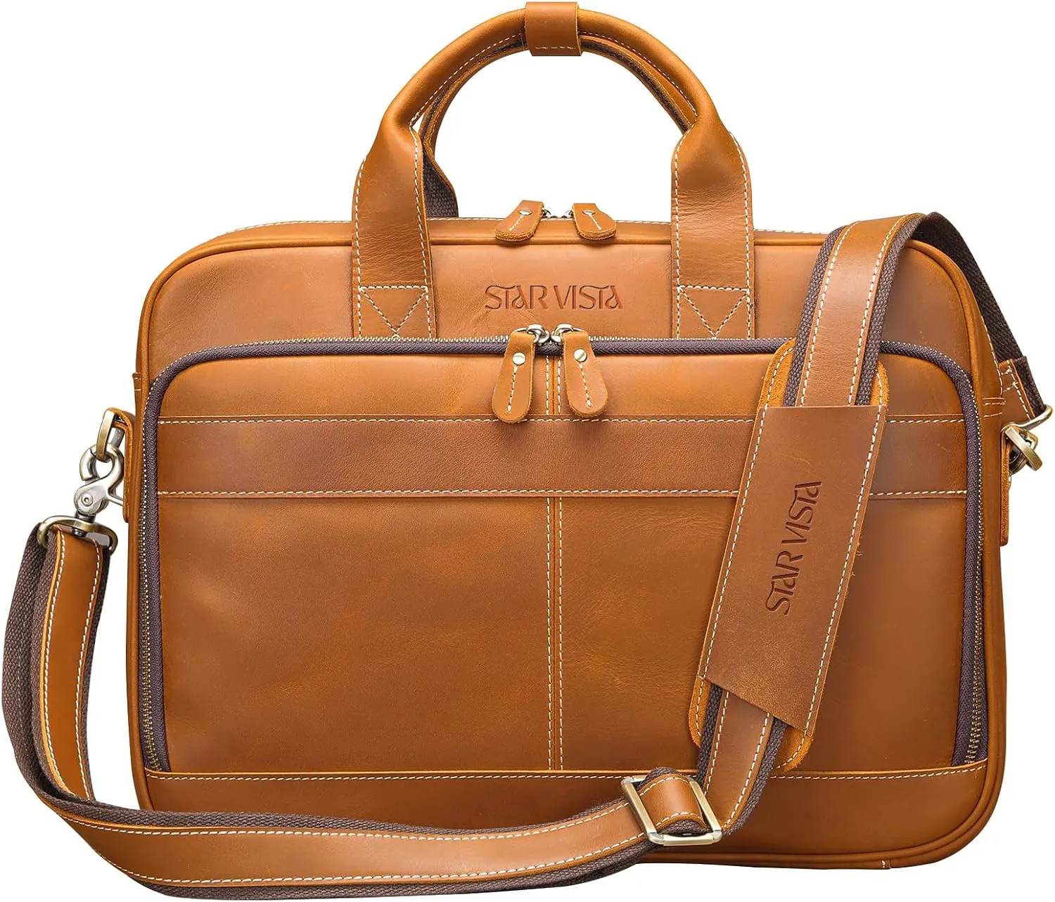 STAR VISTA Siro 15.6" Slim Laptop Messenger Bag, Full Grain Leather Briefcase, YKK Zippers, Brass Hardware