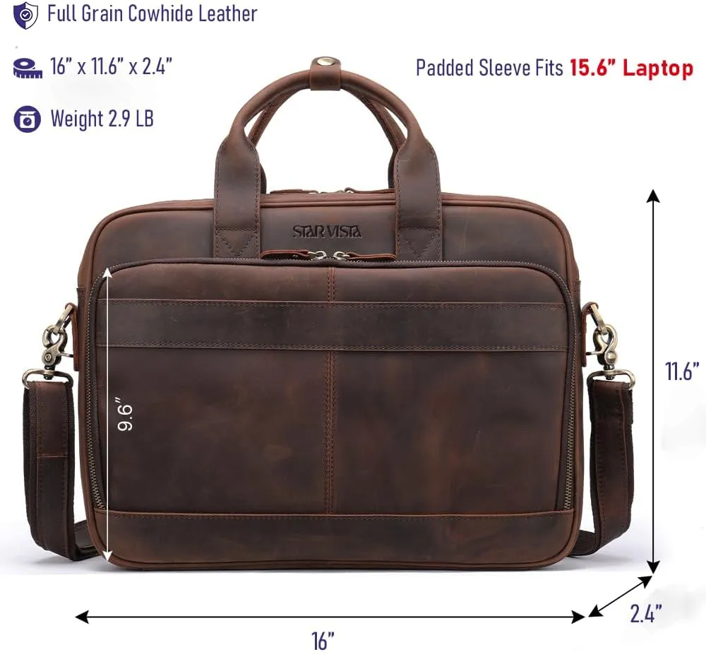 STAR VISTA Siro 15.6" Slim Laptop Messenger Bag, Full Grain Leather Briefcase, YKK Zippers, Brass Hardware