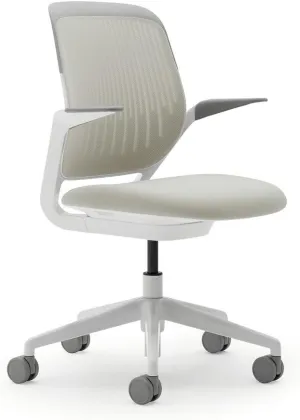 Steelcase Cobi Office Chair: Arms with Soft Arm Caps, White Frame, and Coconut Fabric with Standard Carpet Casters