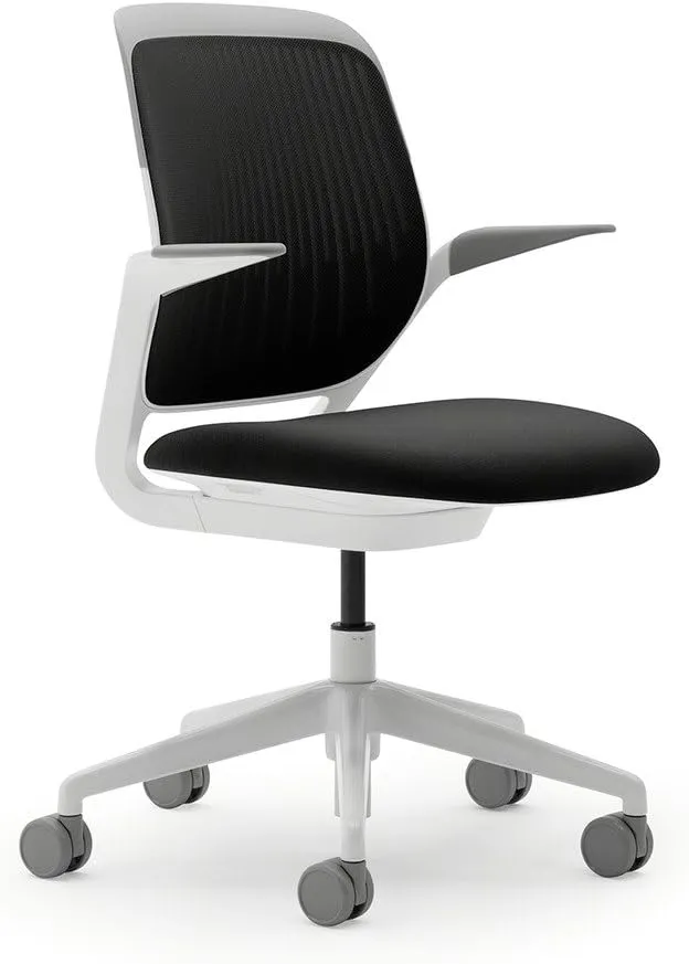 Steelcase Cobi Office Chair: Arms with Soft Arm Caps, White Frame, and Licorice Fabric with Standard Carpet Casters