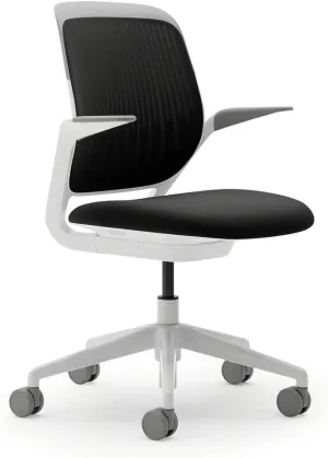 Steelcase Cobi Office Chair: Arms with Soft Arm Caps, White Frame, and Licorice Fabric with Standard Carpet Casters