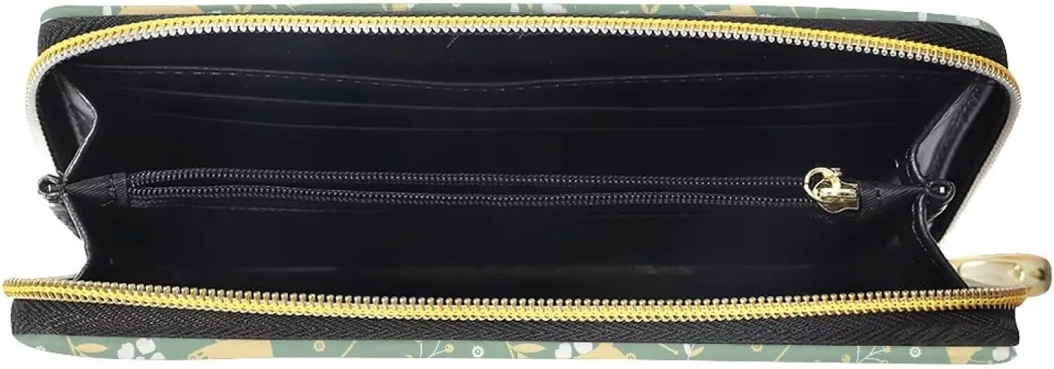 Stylish Wallet for Women Slim Zipper Purse Multifunctional Travel Essential Holder Credit Card Clutch Bag Flowering Shrubs Birds Pattern Green
