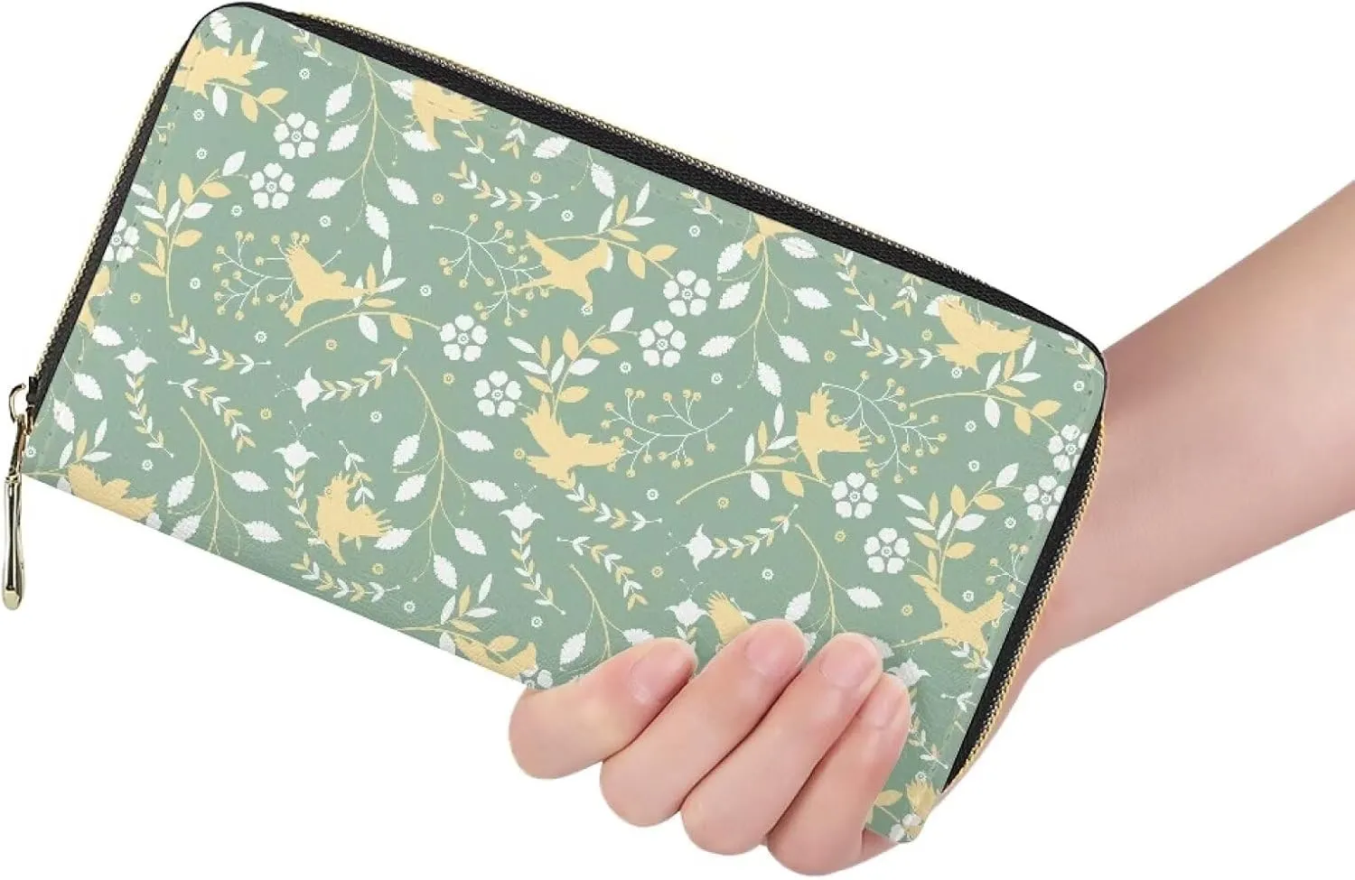 Stylish Wallet for Women Slim Zipper Purse Multifunctional Travel Essential Holder Credit Card Clutch Bag Flowering Shrubs Birds Pattern Green