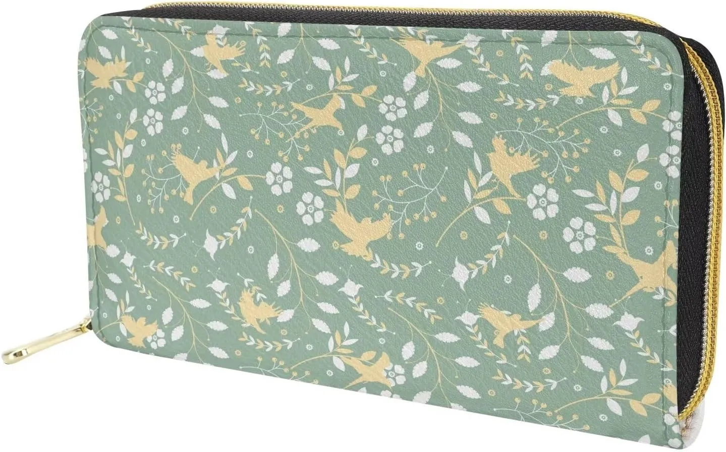 Stylish Wallet for Women Slim Zipper Purse Multifunctional Travel Essential Holder Credit Card Clutch Bag Flowering Shrubs Birds Pattern Green