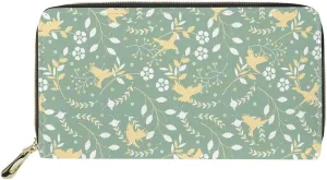 Stylish Wallet for Women Slim Zipper Purse Multifunctional Travel Essential Holder Credit Card Clutch Bag Flowering Shrubs Birds Pattern Green