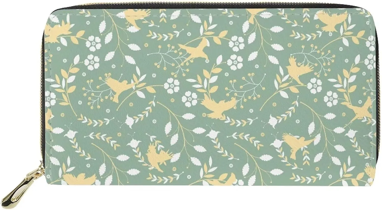 Stylish Wallet for Women Slim Zipper Purse Multifunctional Travel Essential Holder Credit Card Clutch Bag Flowering Shrubs Birds Pattern Green
