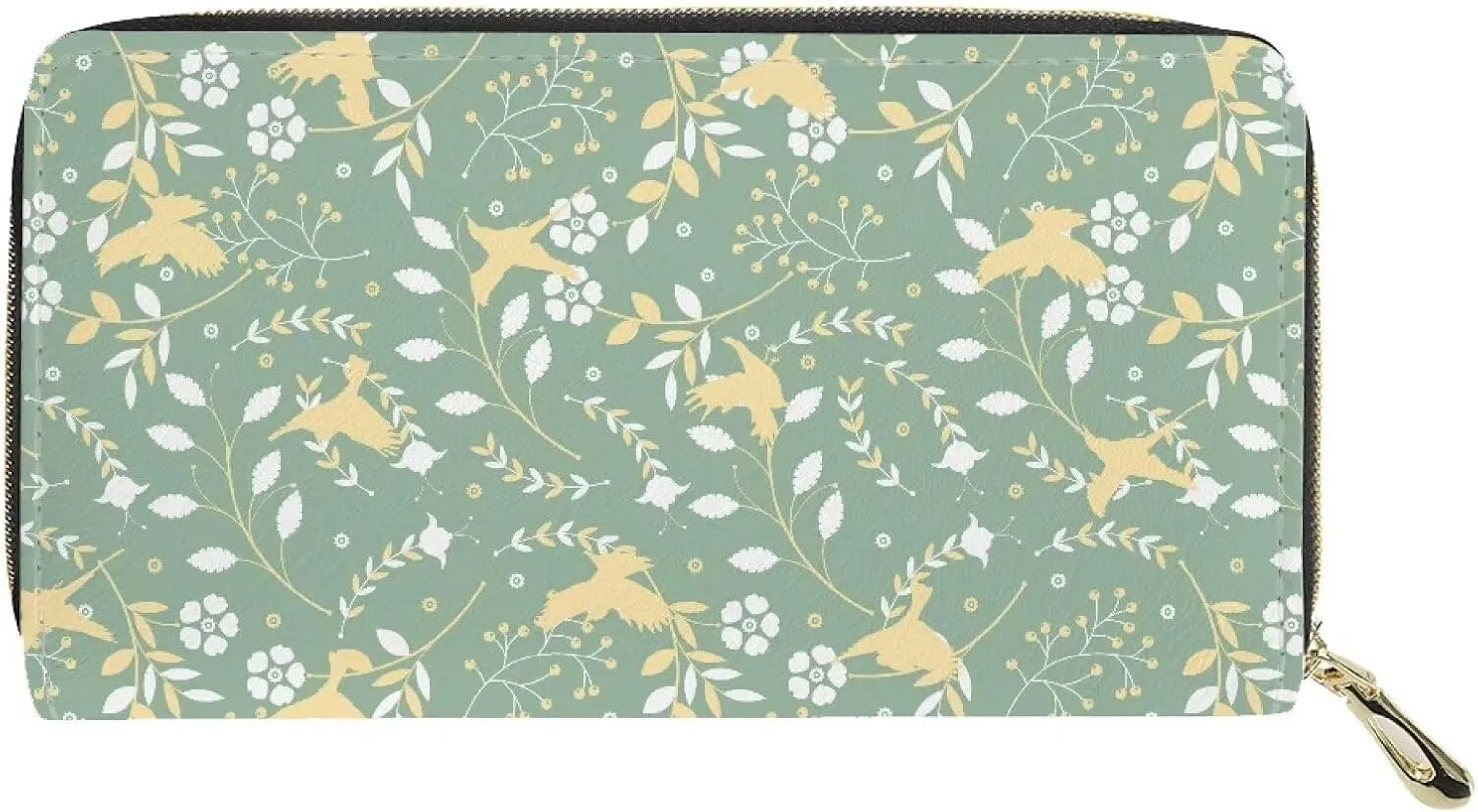 Stylish Wallet for Women Slim Zipper Purse Multifunctional Travel Essential Holder Credit Card Clutch Bag Flowering Shrubs Birds Pattern Green