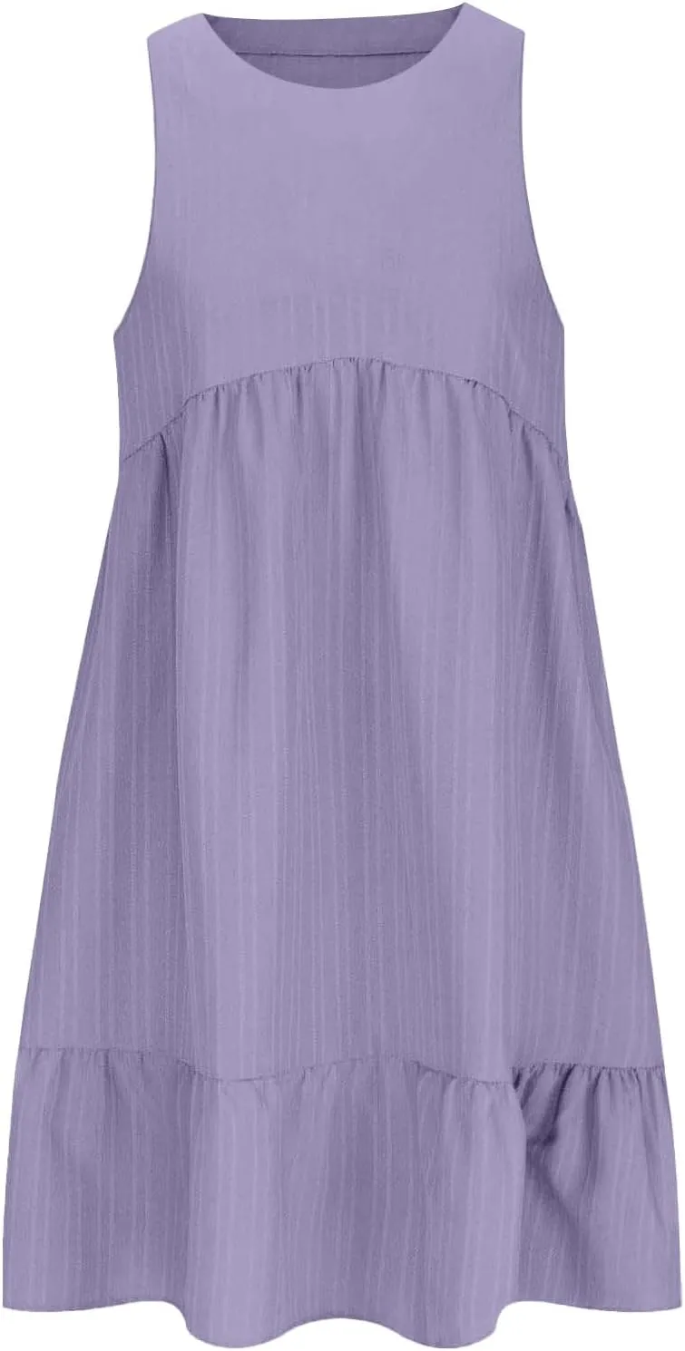 Summer Dresses for Women 2025 Vacation Sleeveless Sleeve Midi Tiered Dress Pleated Ruffle Flowy Beach Sundresses