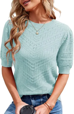 Summer Tops for Women Short Sleeves Pullover Sweaters Knit Blouse Cute Dot Sweater Shirt