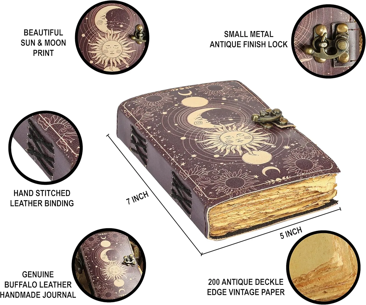 Sun & Moon Vintage Leather Journal for Men & Women 200 Pages of Antique Handmade Deckle Edge Vintage Paper, Leather Sketchbook, Drawing Journal, Printed leather Journal, Great Gift (7 x 5 Inch)