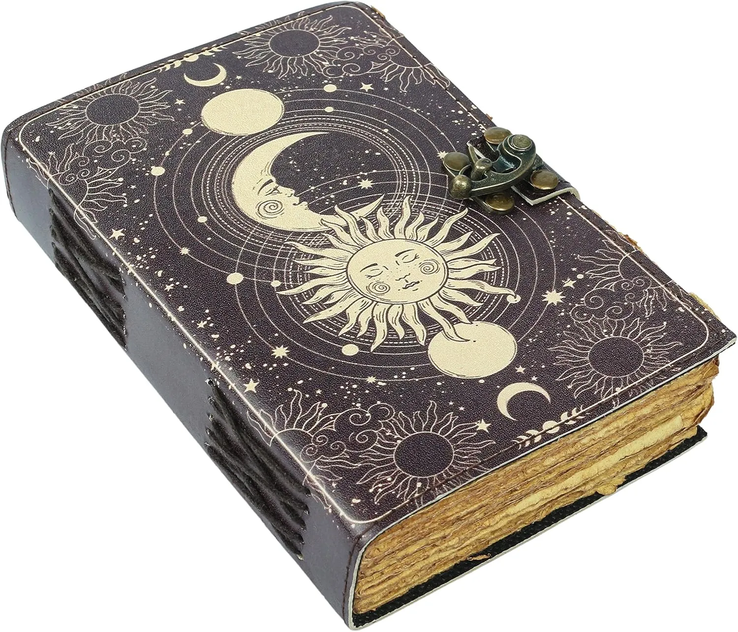 Sun & Moon Vintage Leather Journal for Men & Women 200 Pages of Antique Handmade Deckle Edge Vintage Paper, Leather Sketchbook, Drawing Journal, Printed Leather Journal, Great Gift (9 x 6)