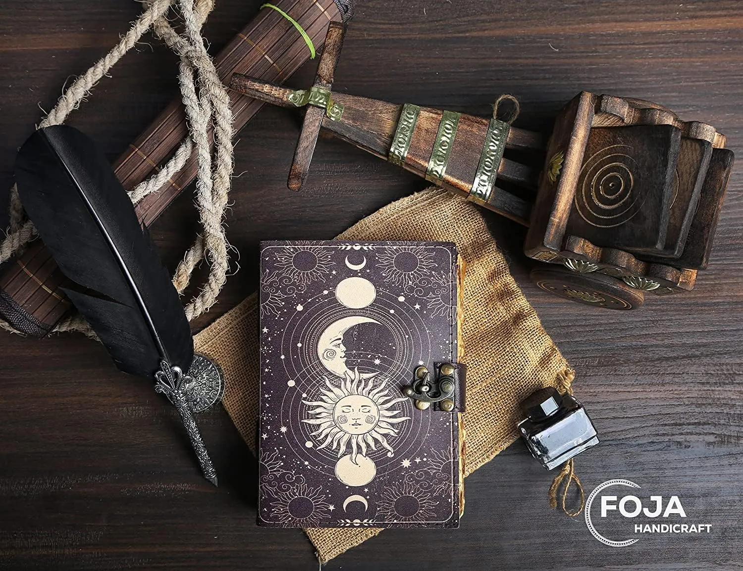 Sun & Moon Vintage Leather Journal for Men & Women 200 Pages of Antique Handmade Deckle Edge Vintage Paper, Leather Sketchbook, Drawing Journal, Printed Leather Journal, Great Gift (9 x 6)